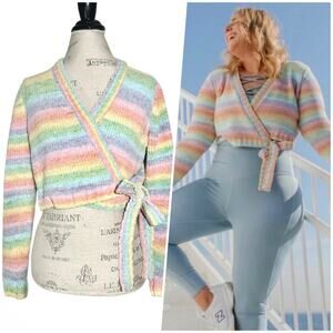 WVVY | Women | Pastel Rainbow Stripe Cropped Chenille Knit Wrap Cardigan | Large